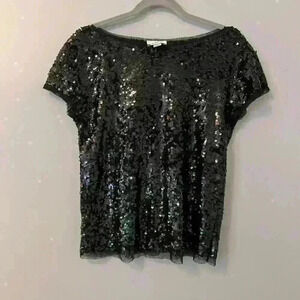 Loft Black Sequin Short Sleeve Top Size Small
